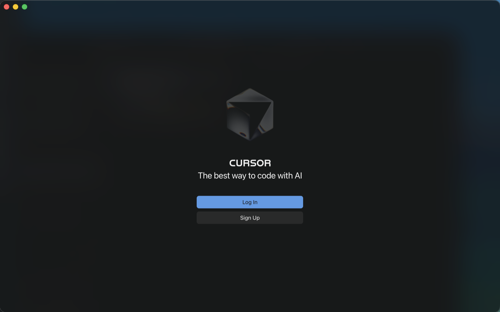 Cursor Mac 설치 후 첫 실행 온보딩 화면 — Log In과 Sign Up 버튼
