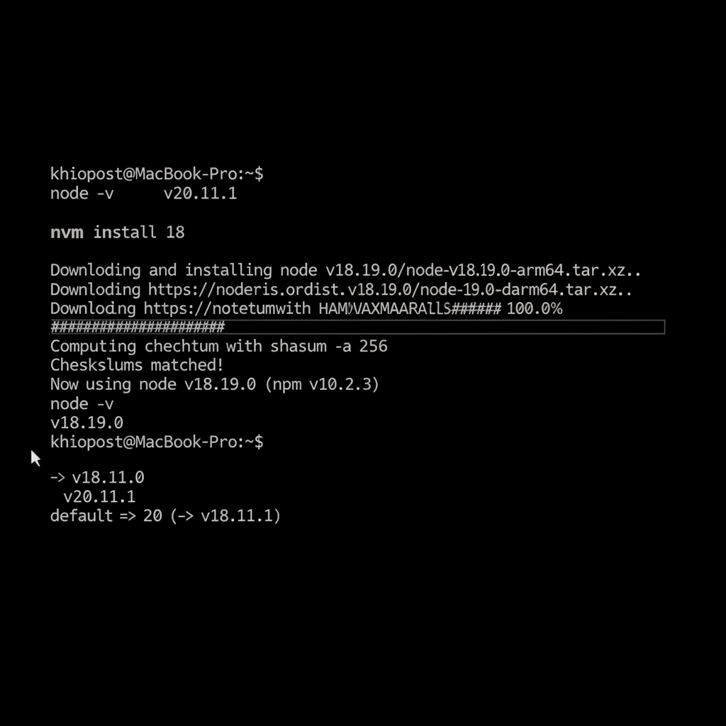Mac Node.js nvm 버전 전환 터미널 화면