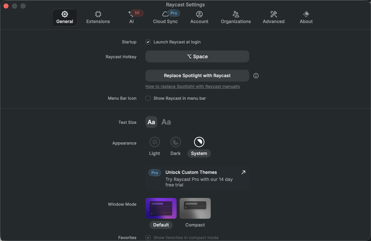Raycast 런처 환경설정 General 탭 — Raycast Hotkey가 Option+Space로 지정돼 있고 Replace Spotlight with Raycast 버튼이 보인다