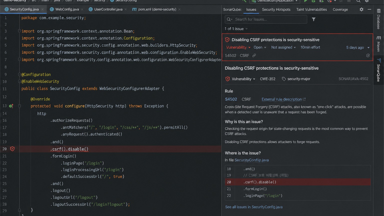 SonarQube CSRF — S4502 Security Hotspot 경고 화면