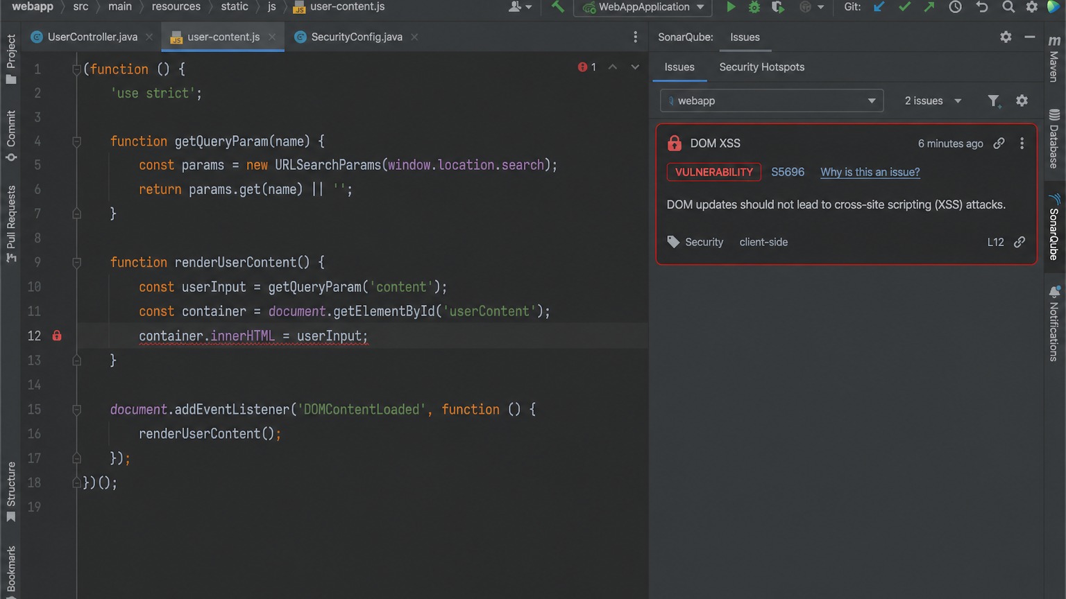 SonarQube DOM XSS — S5696 룰 경고 화면