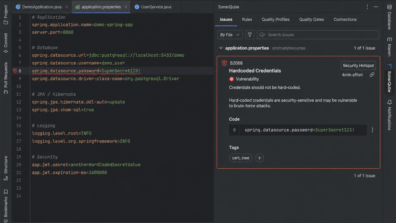 SonarQube Hardcoded Credentials — S2068 룰 경고 화면
