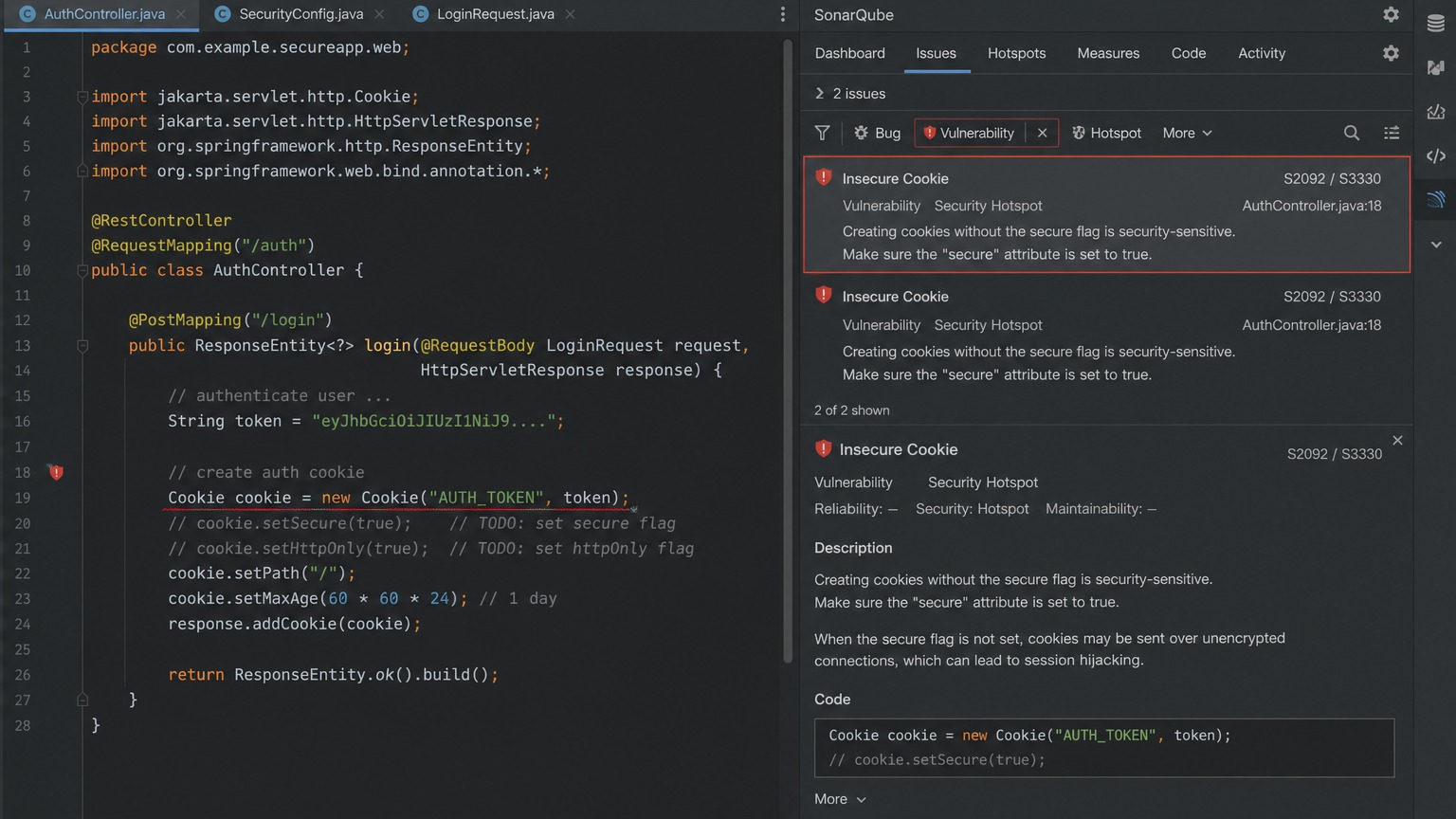 SonarQube Insecure Cookie — S2092 S3330 룰 경고 화면