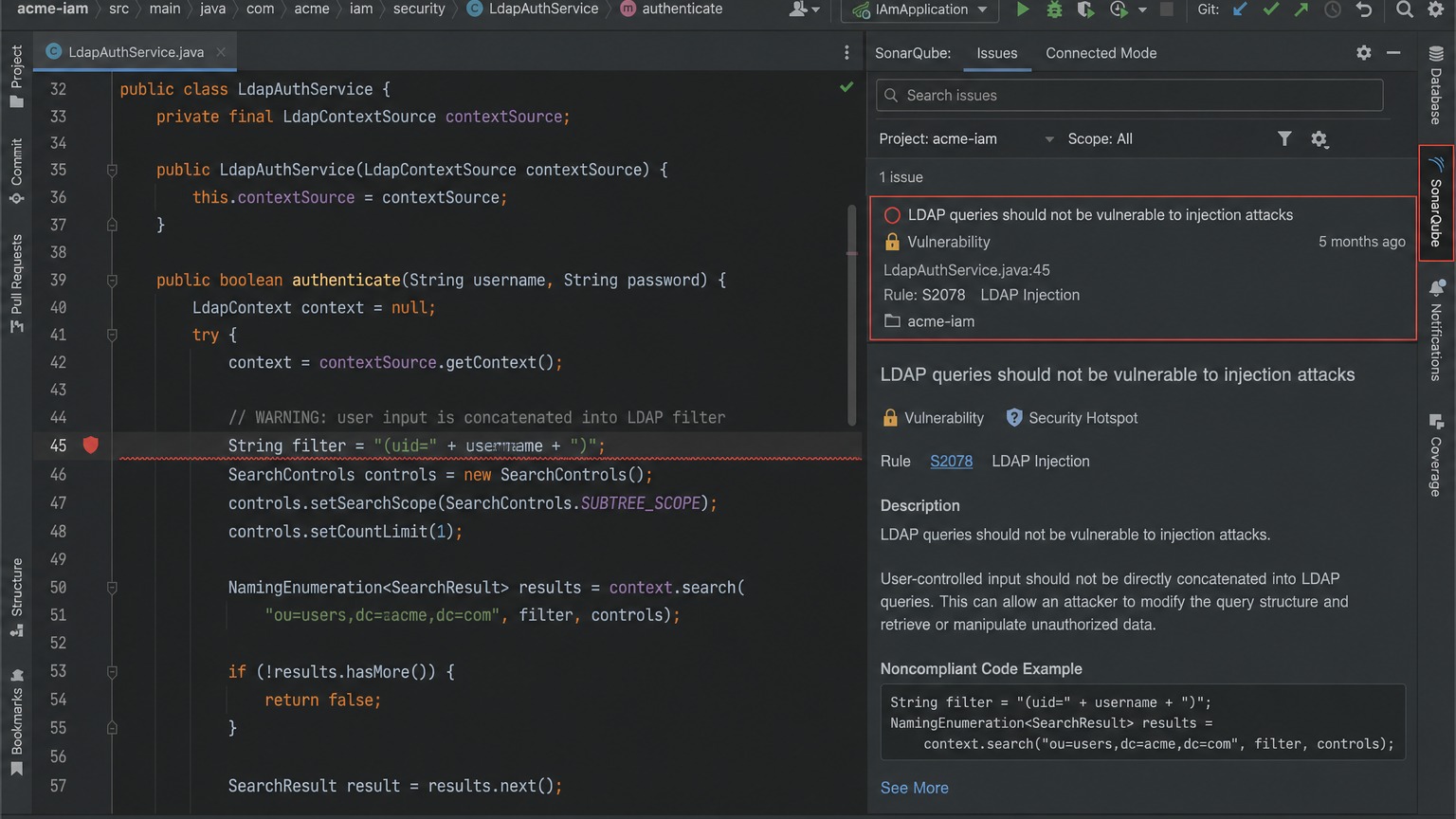 SonarQube LDAP Injection — S2078 룰 경고 화면