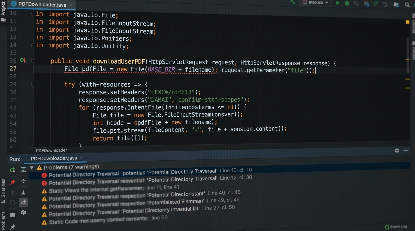 SonarQube Path Traversal — IDE 정적 분석 경고 화면