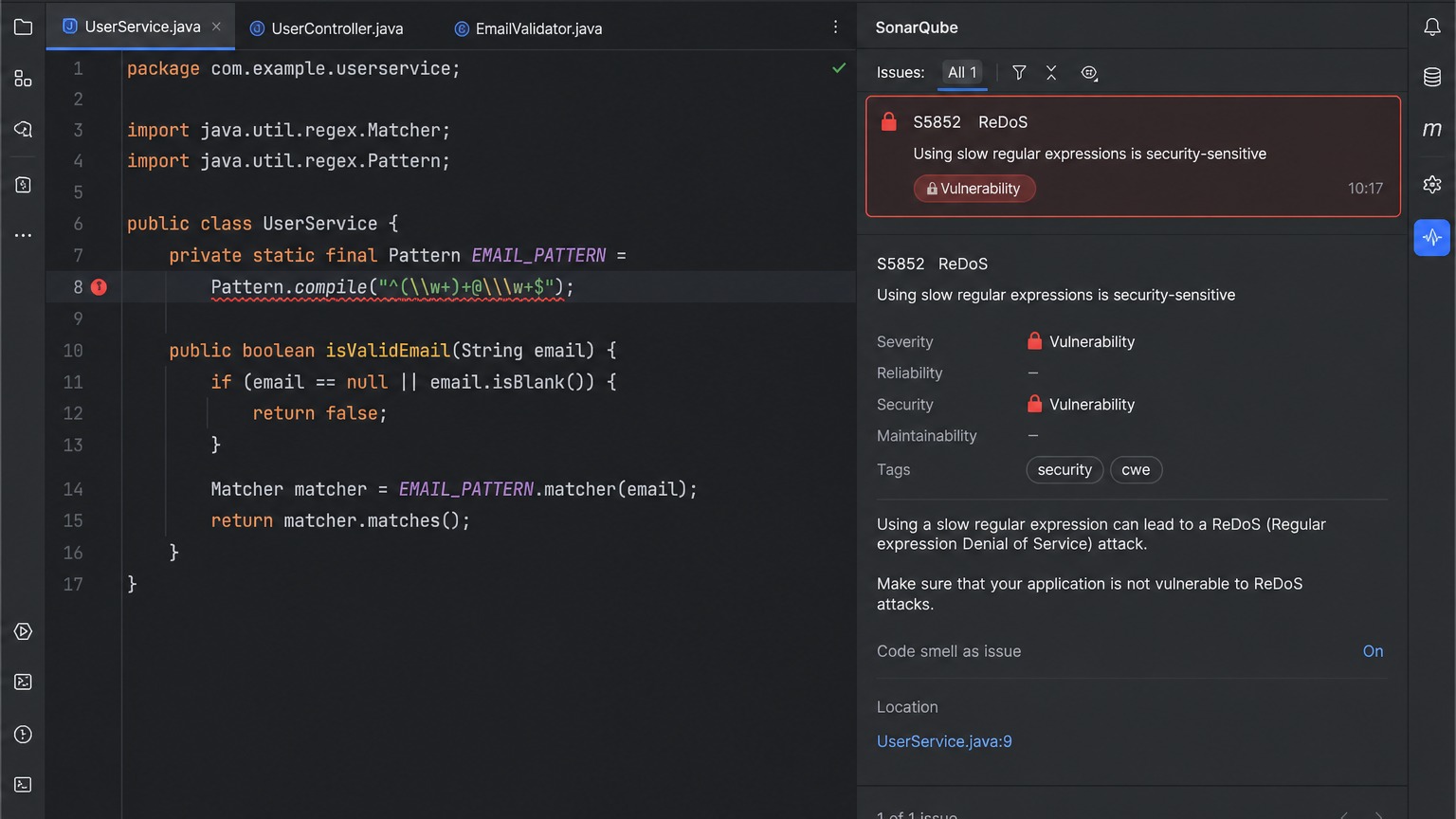SonarQube ReDoS — S5852 룰 경고 화면