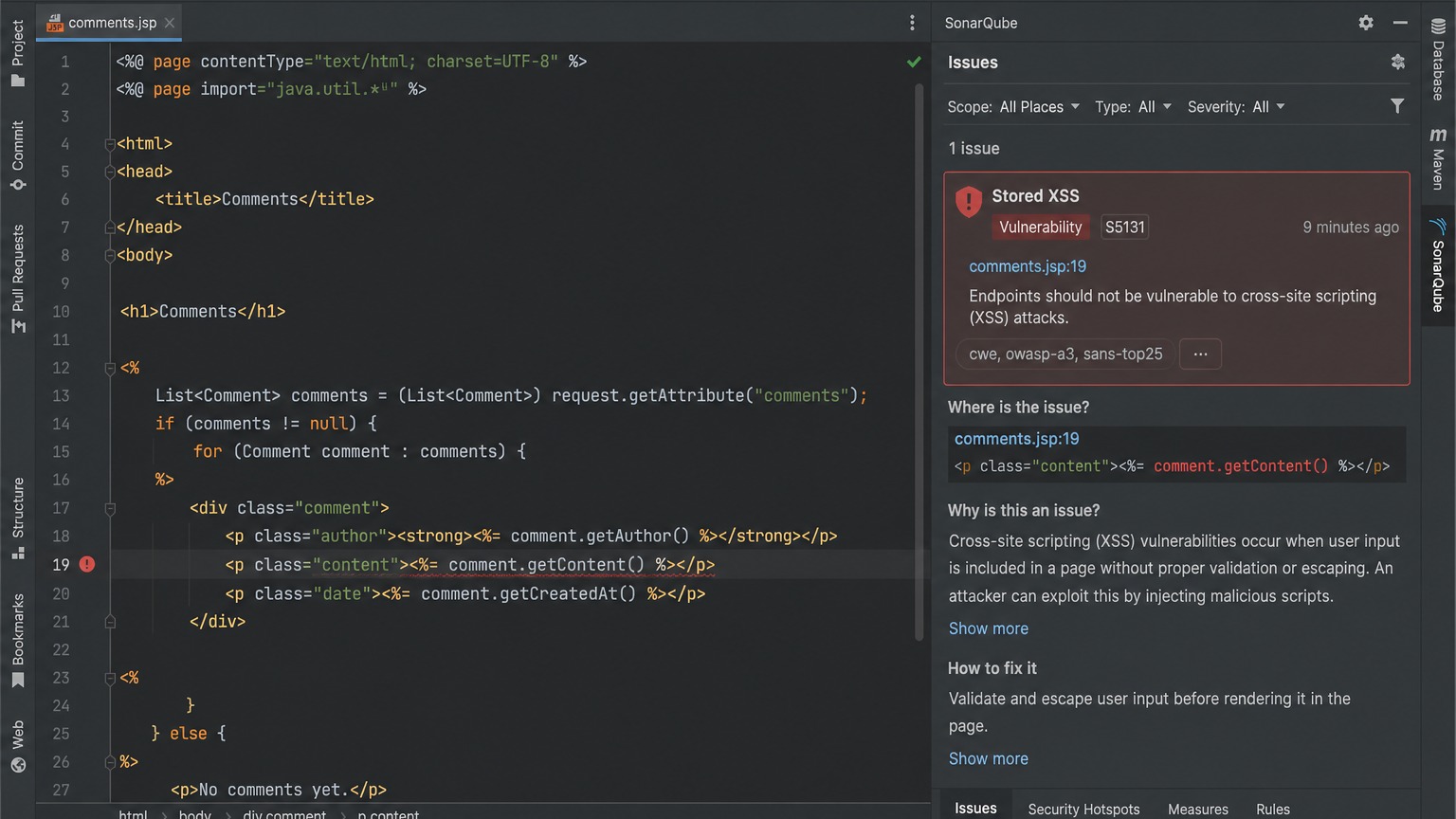 SonarQube Stored XSS — S5131 룰이 DB 출력 단에서 잡힌 화면