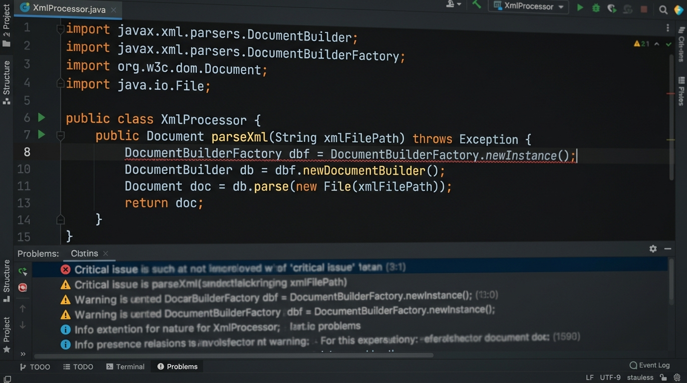 SonarQube XXE — IDE 정적 분석 경고 화면
