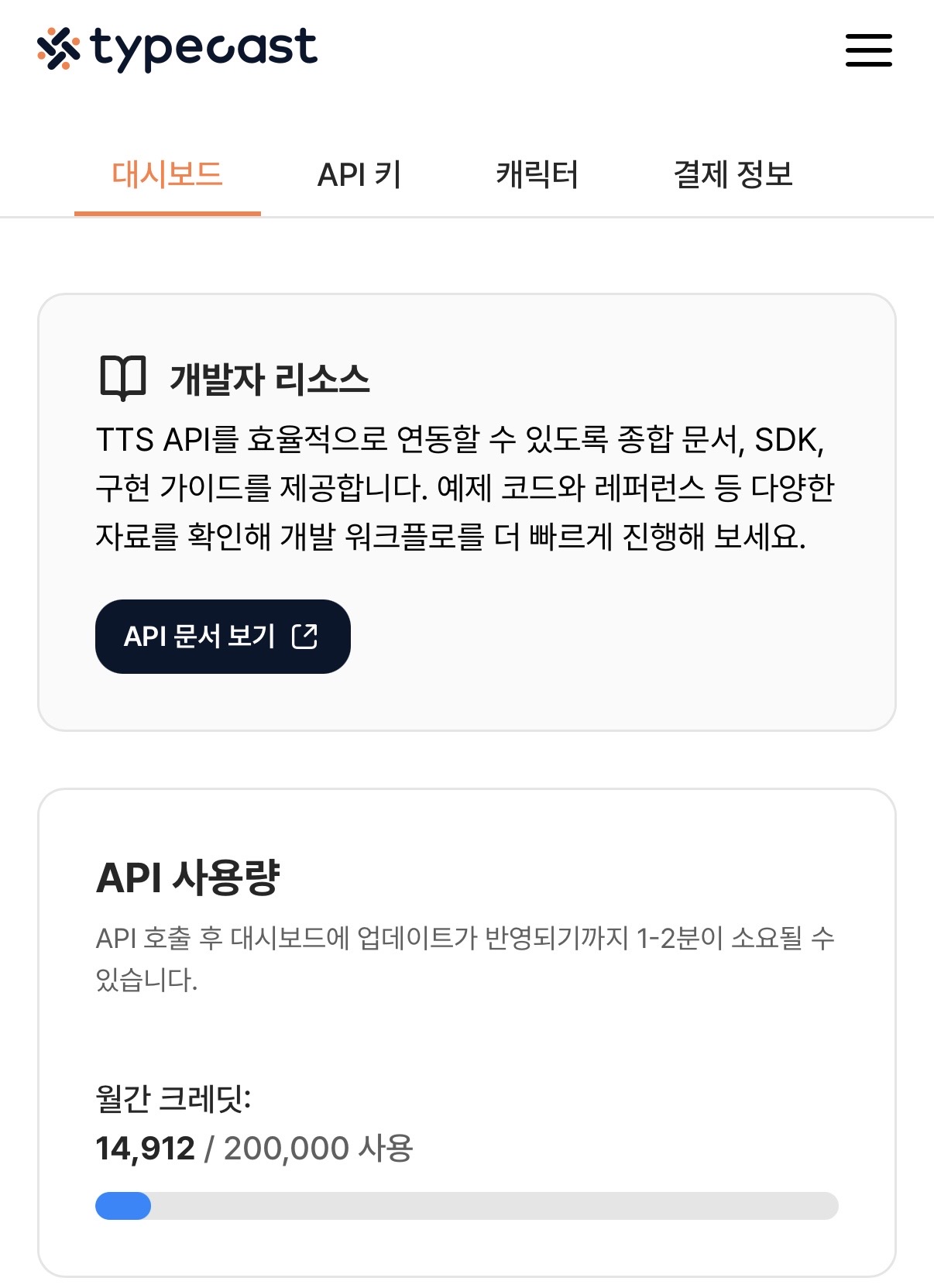 Typecast 대시보드 API 사용량 화면 — 월간 크레딧 14,912 / 200,000 사용